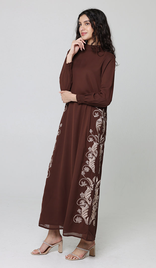 Nyla Modest Long Formal Gold Embellished Maxi Dress - Cocoa - PREORDER (ships in 2 weeks)
