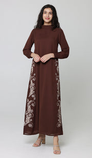 Nyla Modest Long Formal Gold Embellished Maxi Dress - Cocoa - PREORDER (ships in 2 weeks)