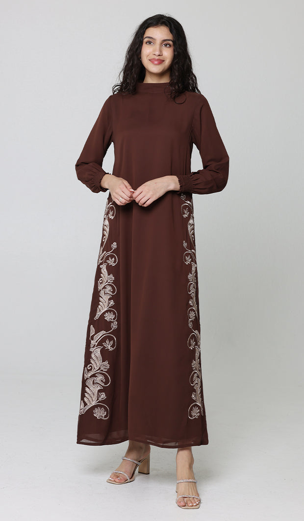 Nyla Modest Long Formal Gold Embellished Maxi Dress - Cocoa - PREORDER (ships in 2 weeks)