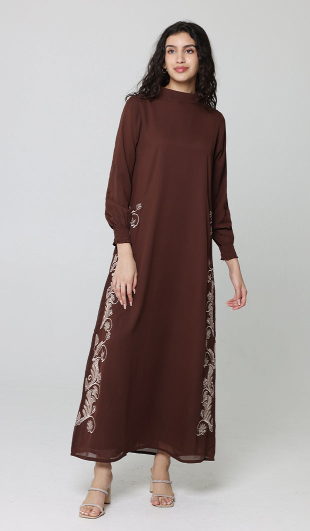 Nyla Modest Long Formal Gold Embellished Maxi Dress - Cocoa - PREORDER (ships in 2 weeks)