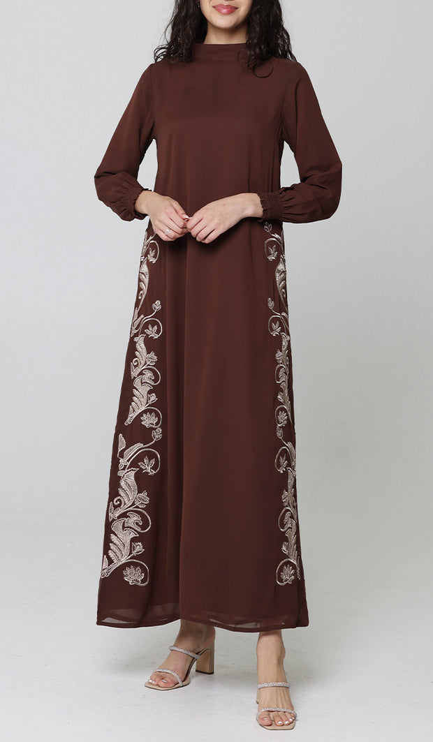 Nyla Modest Long Formal Gold Embellished Maxi Dress - Cocoa - PREORDER (ships in 2 weeks)