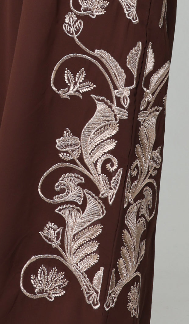 Nyla Modest Long Formal Gold Embellished Maxi Dress - Cocoa - PREORDER (ships in 2 weeks)