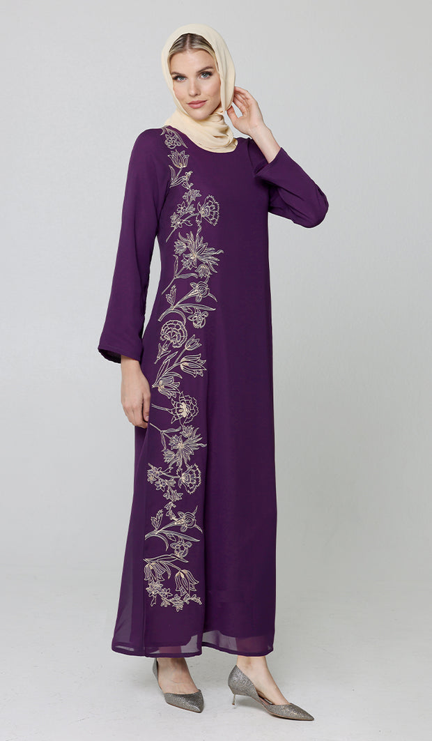 Nargiz Modest Long Formal Gold Embellished Maxi Dress - Purple - PREORDER (ships in 2 weeks)