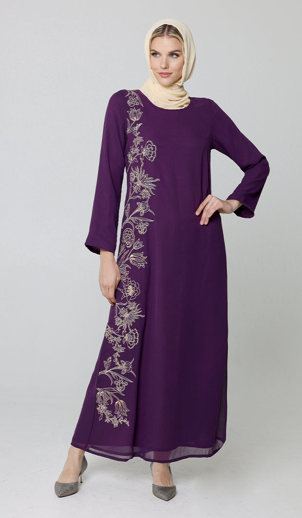Nargiz Modest Long Formal Gold Embellished Maxi Dress - Purple - PREORDER (ships in 2 weeks)