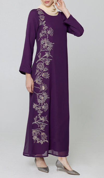 Nargiz Modest Long Formal Gold Embellished Maxi Dress - Violet - PRÉCOMMANDE (expédié dans 2 semaines)