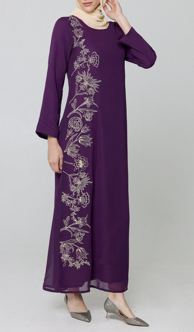 Nargiz Modest Long Formal Gold Embellished Maxi Dress - Purple - PREORDER (ships in 2 weeks)