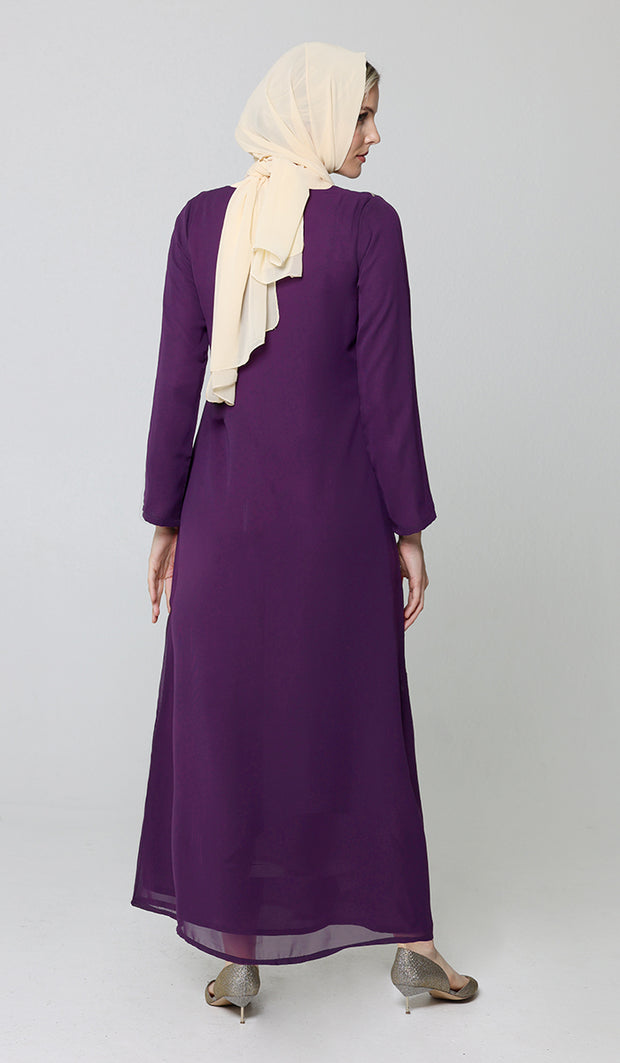 Nargiz Modest Long Formal Gold Embellished Maxi Dress - Purple - PREORDER (ships in 2 weeks)