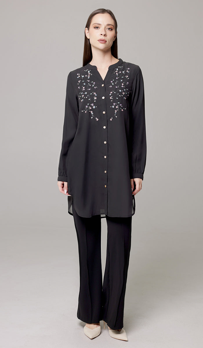 Nari Embroidered Long Modest Tunic - Black - PREORDER (ships in 2 weeks)