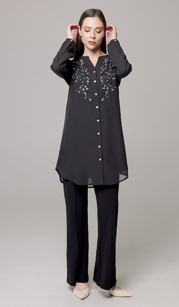 Nari Embroidered Long Modest Tunic - Black - PREORDER (ships in 2 weeks)