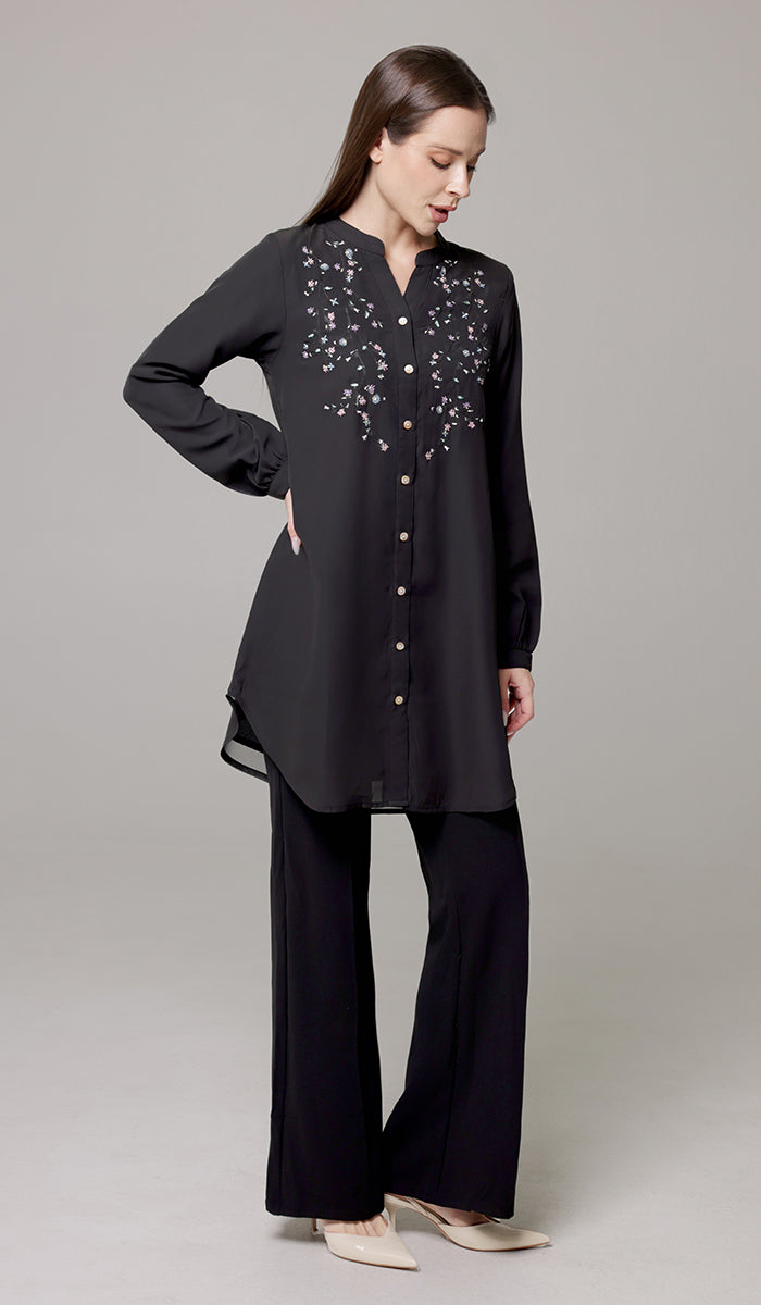 Nari Embroidered Long Modest Tunic - Black - PREORDER (ships in 2 weeks)