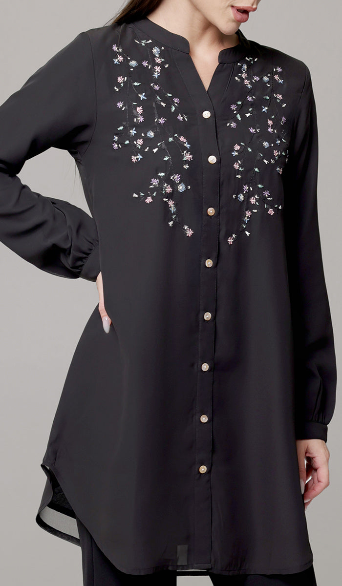 Nari Embroidered Long Modest Tunic - Black - PREORDER (ships in 2 weeks)