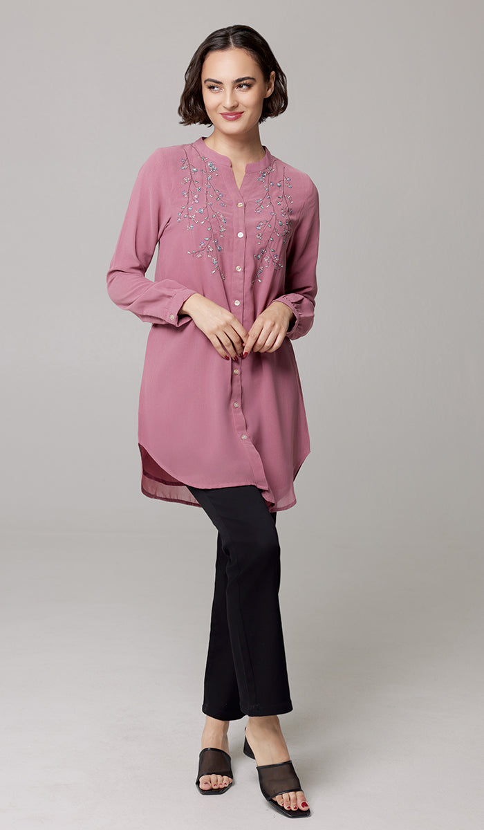 Nari Embroidered Long Modest Tunic - Mauve Pink - PREORDER (ships in 2 weeks)