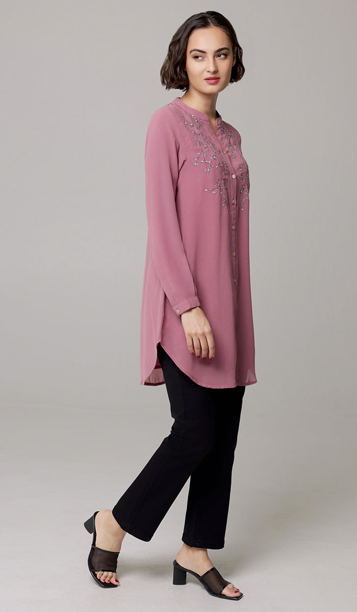 Nari Embroidered Long Modest Tunic - Mauve Pink - PREORDER (ships in 2 weeks)