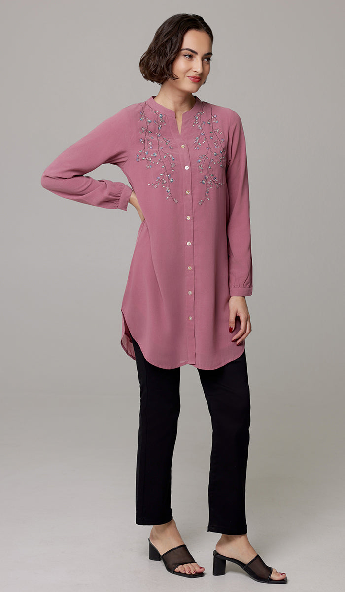 Nari Embroidered Long Modest Tunic - Mauve Pink - PREORDER (ships in 2 weeks)