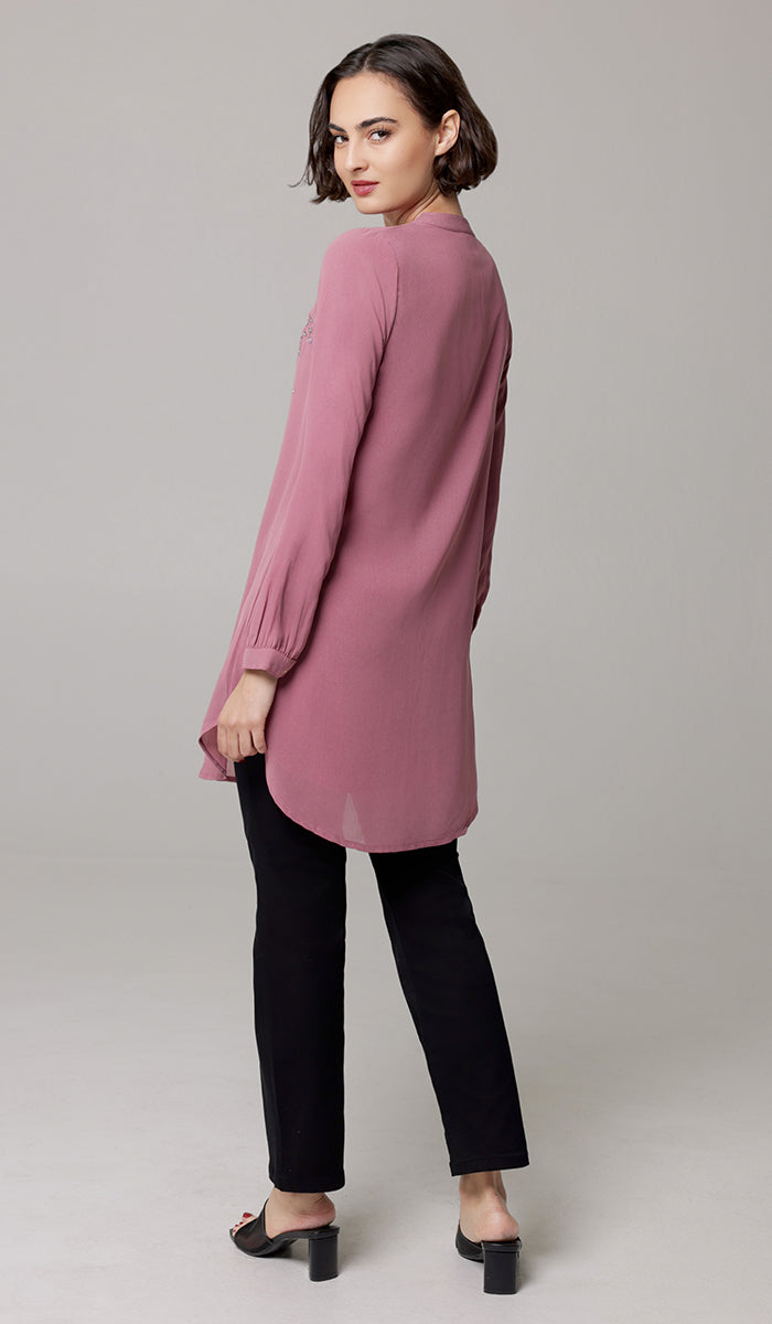 Nari Embroidered Long Modest Tunic - Mauve Pink - PREORDER (ships in 2 weeks)