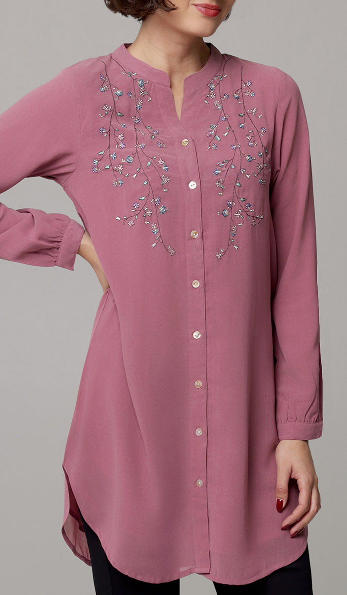 Nari Embroidered Long Modest Tunic - Mauve Pink - PREORDER (ships in 2 weeks)