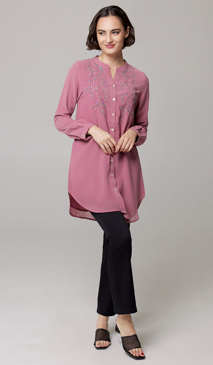 Nari Embroidered Long Modest Tunic - Mauve Pink