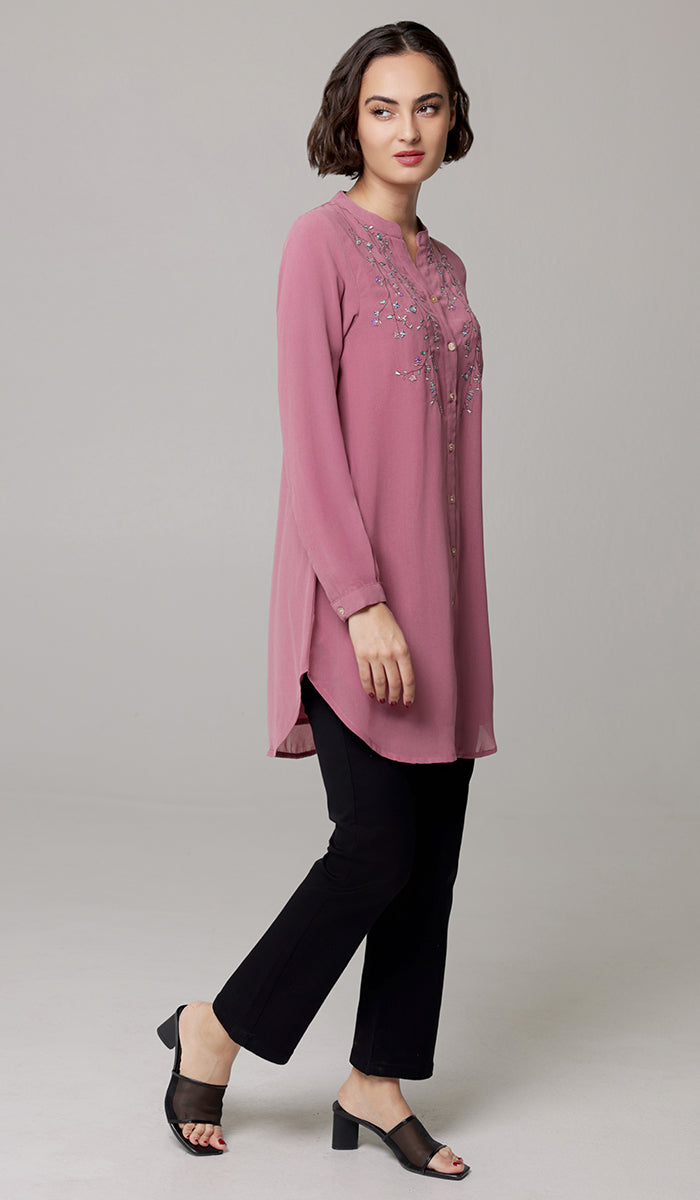 Nari Embroidered Long Modest Tunic - Mauve Pink