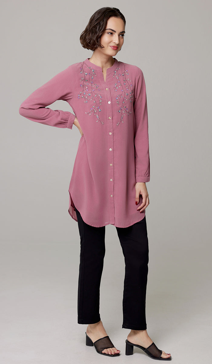 Nari Embroidered Long Modest Tunic - Mauve Pink