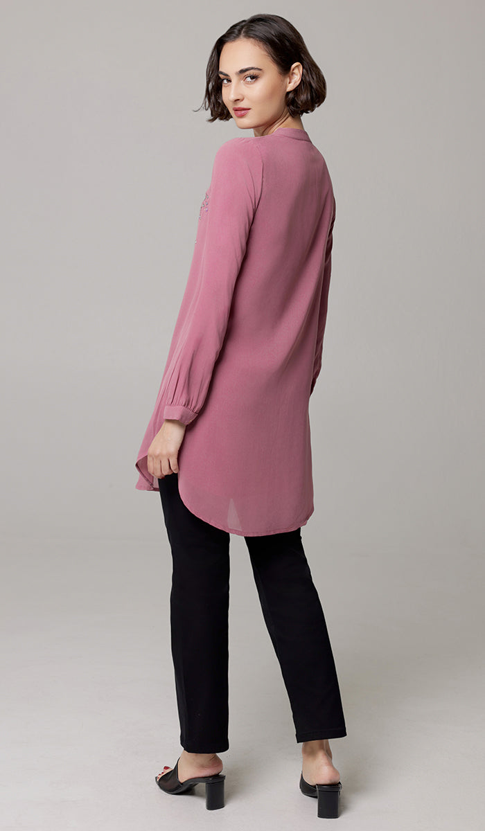 Nari Embroidered Long Modest Tunic - Mauve Pink