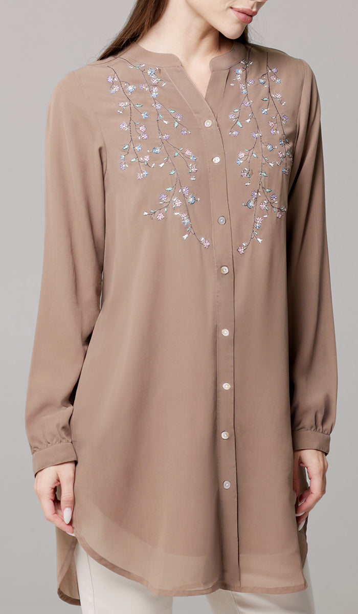Nari Embroidered Long Modest Tunic - Mocha - PREORDER (ships in 2 weeks)