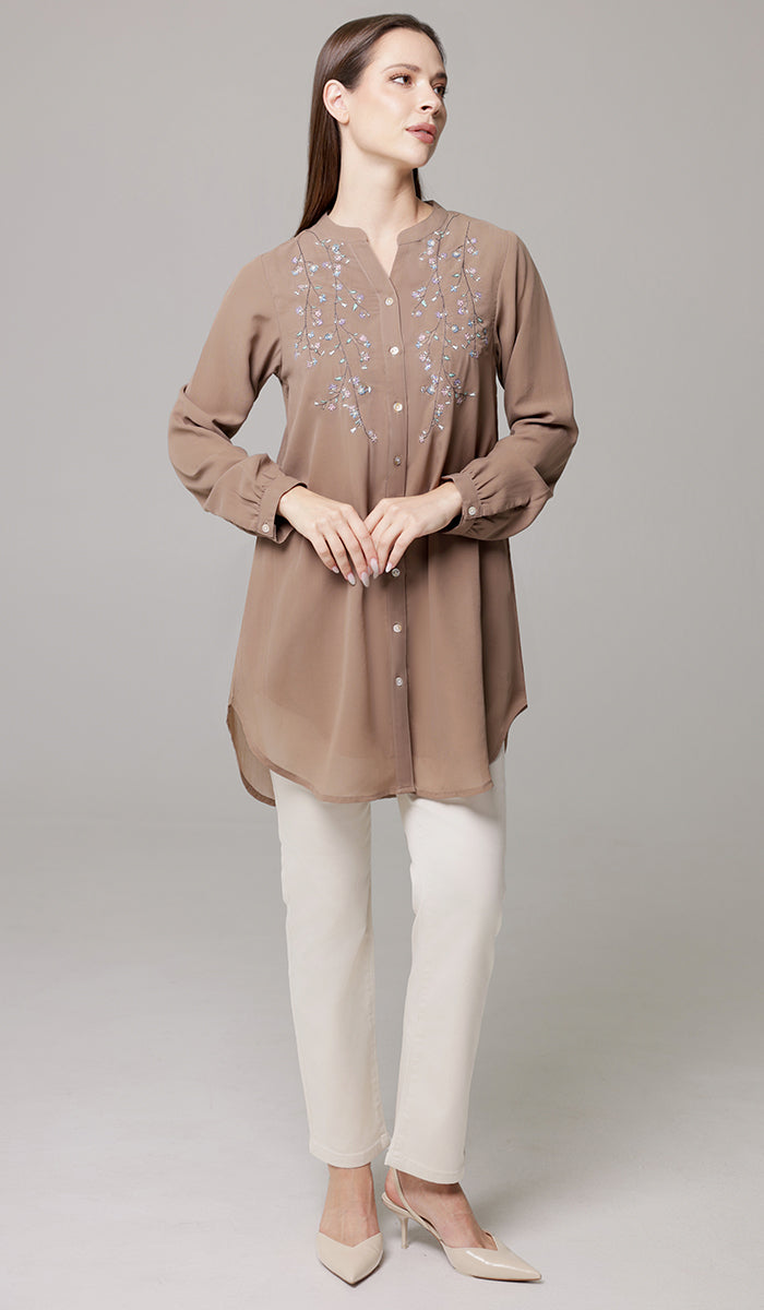 Nari Embroidered Long Modest Tunic - Mocha - PREORDER (ships in 2 weeks)