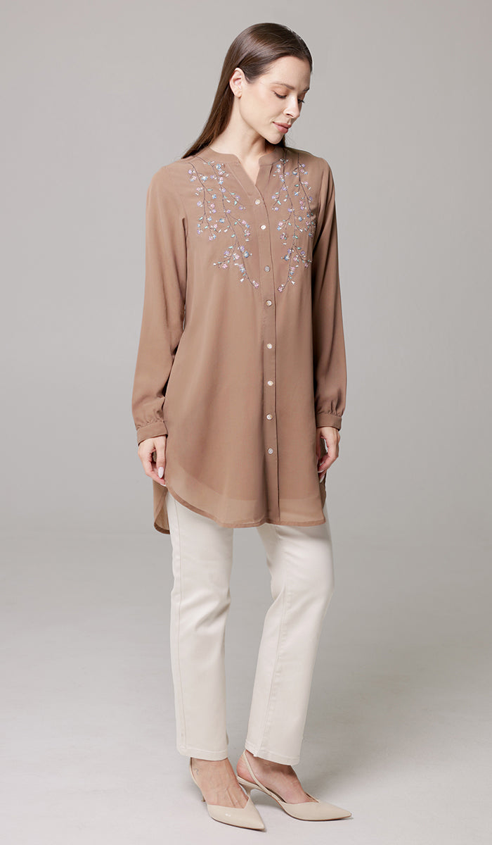 Nari Embroidered Long Modest Tunic - Mocha