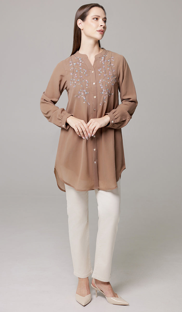 Nari Embroidered Long Modest Tunic - Mocha
