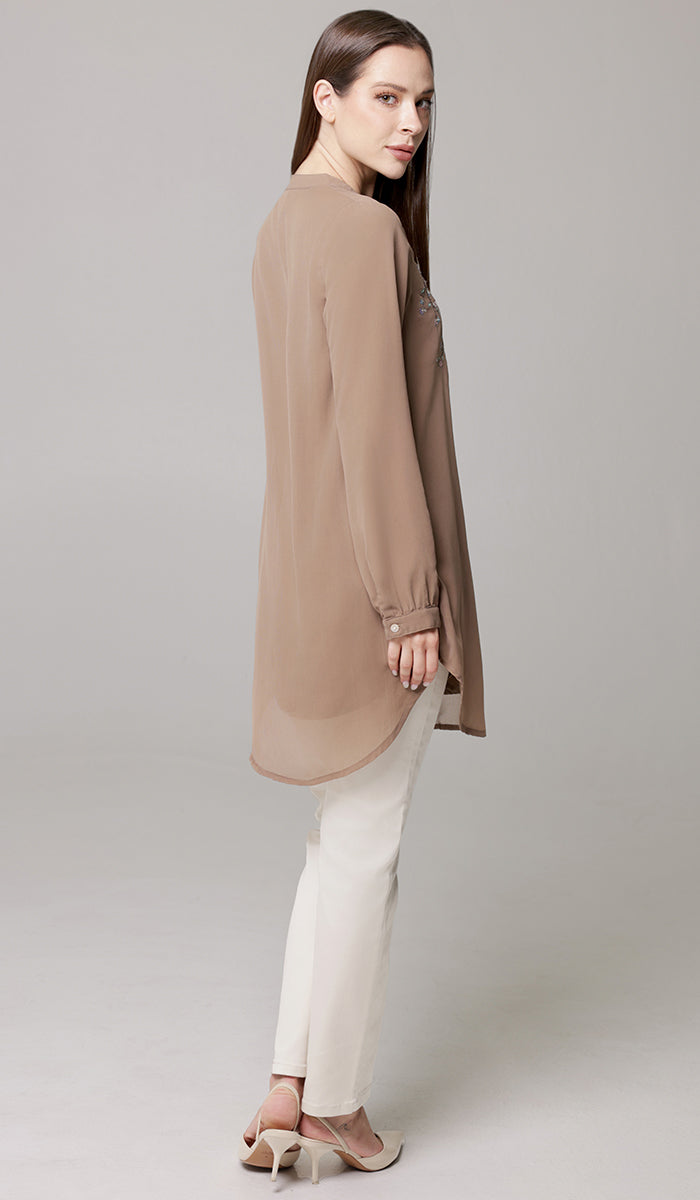 Nari Embroidered Long Modest Tunic - Mocha - PREORDER (ships in 2 weeks)