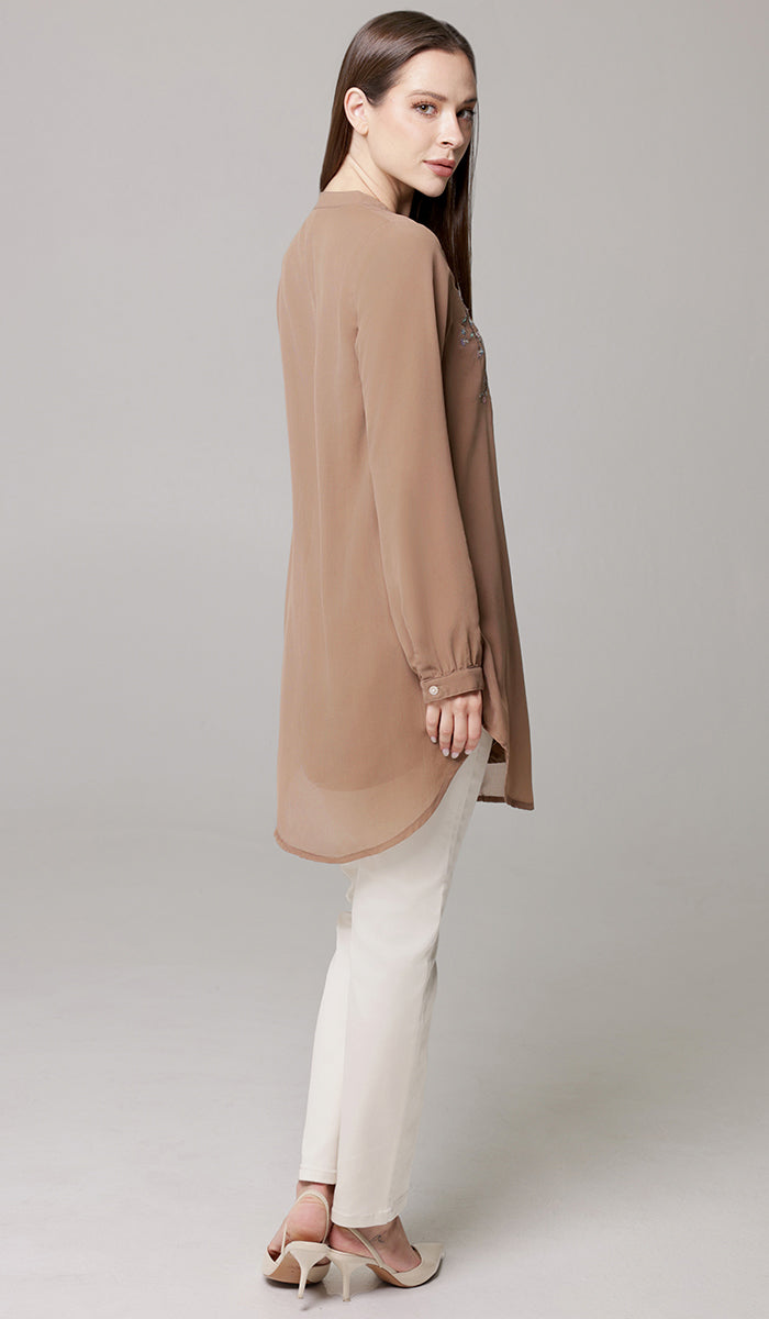 Nari Embroidered Long Modest Tunic - Mocha