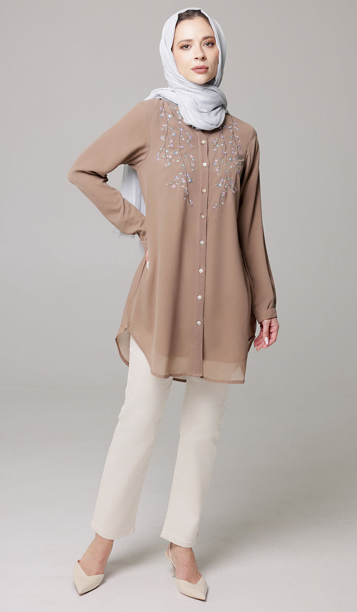 Nari Embroidered Long Modest Tunic - Mocha - PREORDER (ships in 2 weeks)