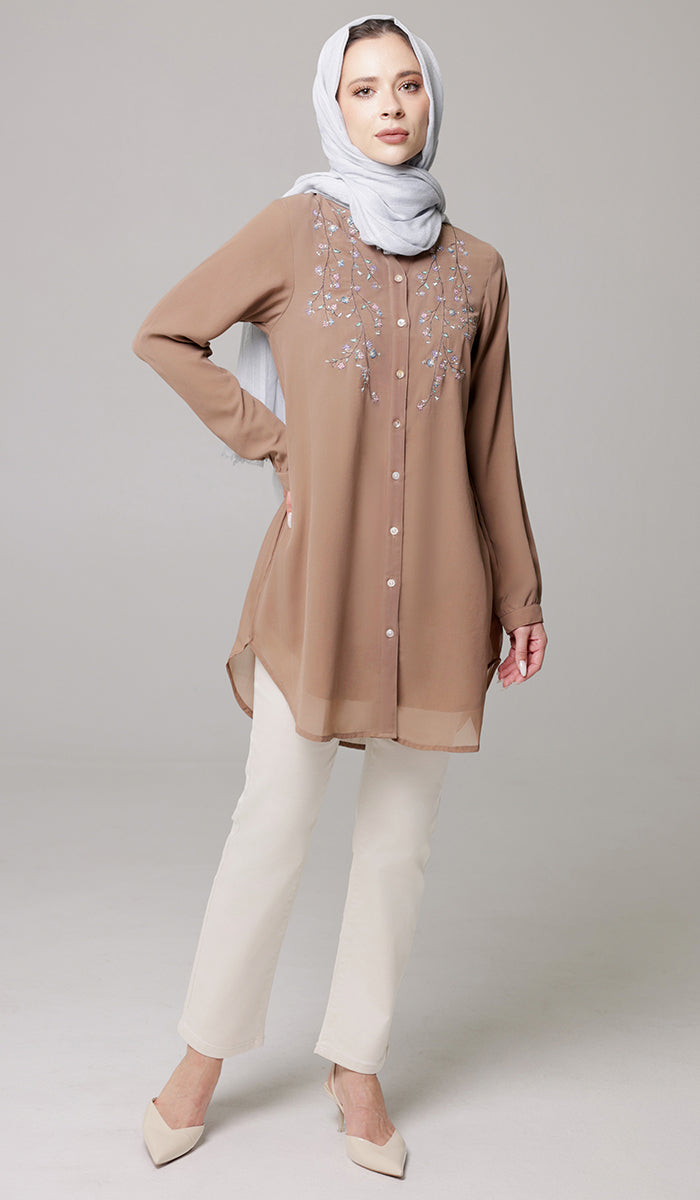Nari Embroidered Long Modest Tunic - Mocha