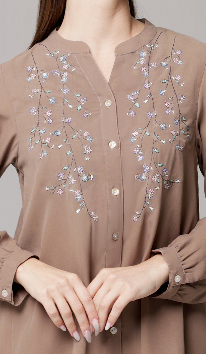 Nari Embroidered Long Modest Tunic - Mocha - PREORDER (ships in 2 weeks)