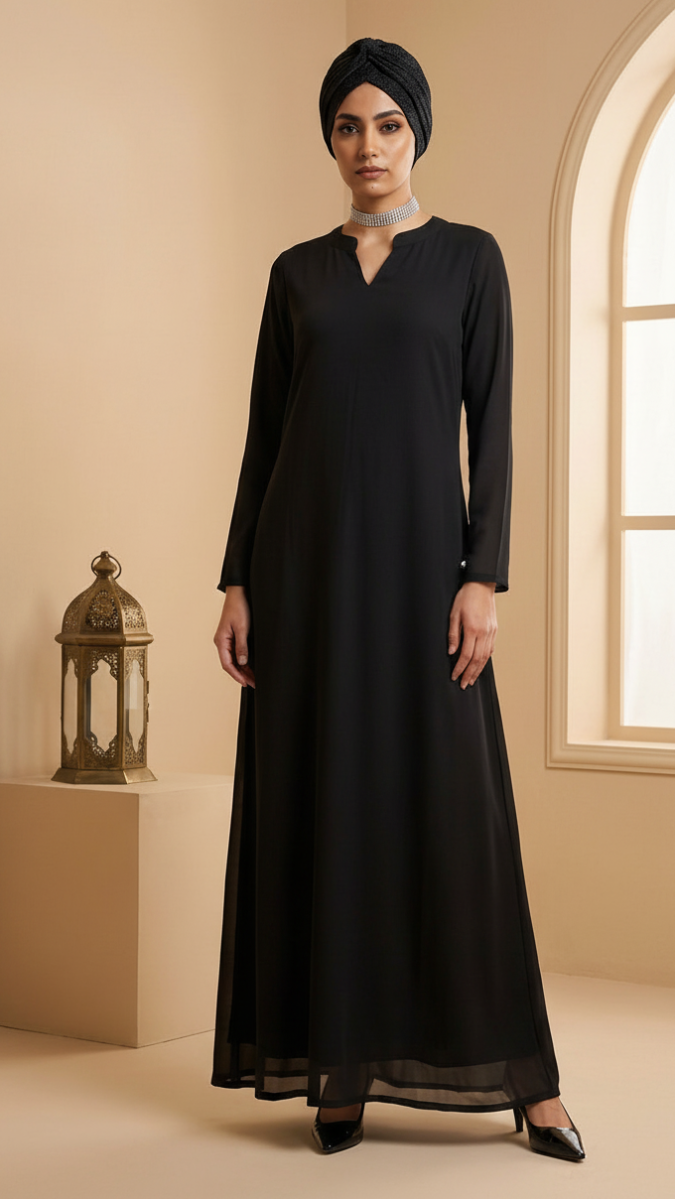 Woman wearing a black dress and turban in a room with a window and lantern.
