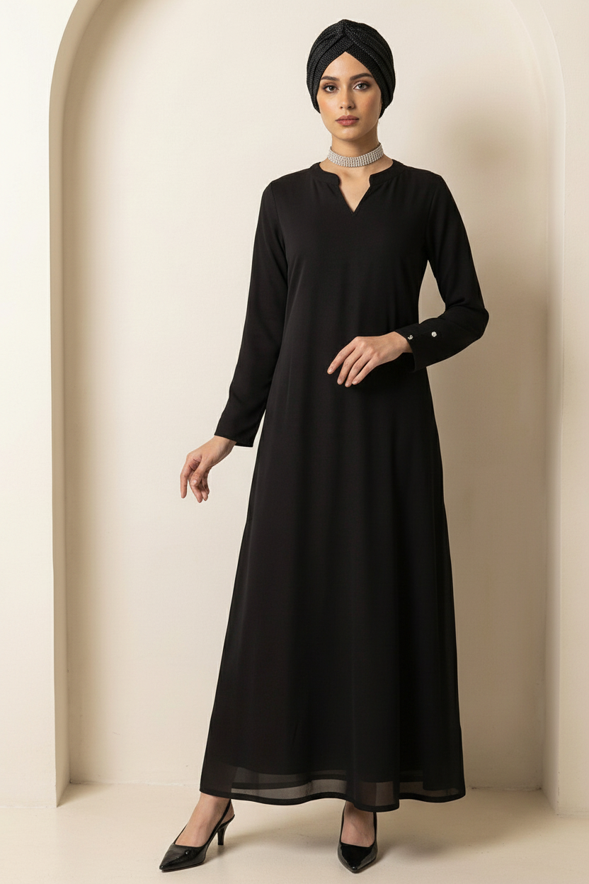 Woman wearing a black dress and headscarf against a beige background