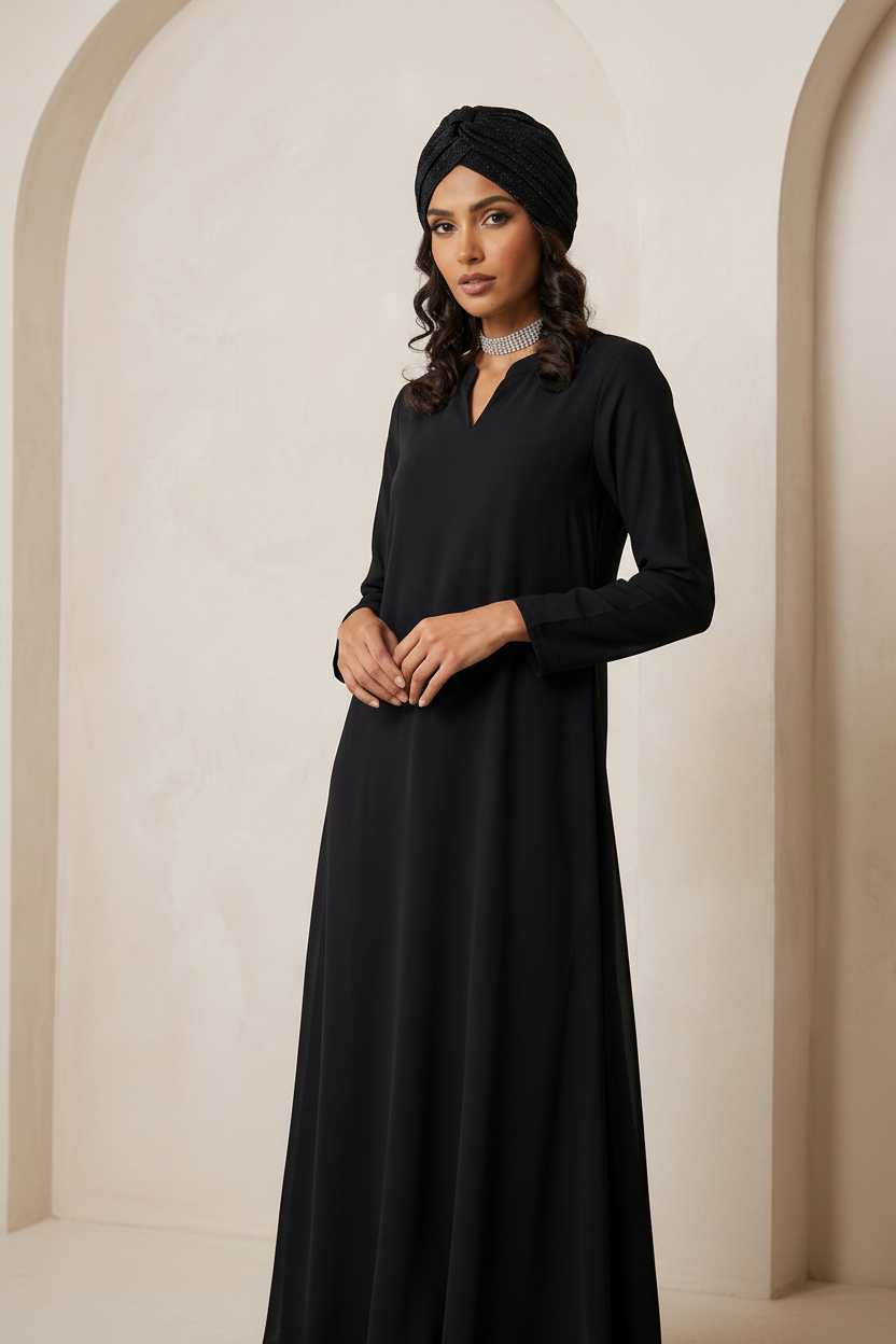 Woman wearing a black dress and headscarf against a beige wall.