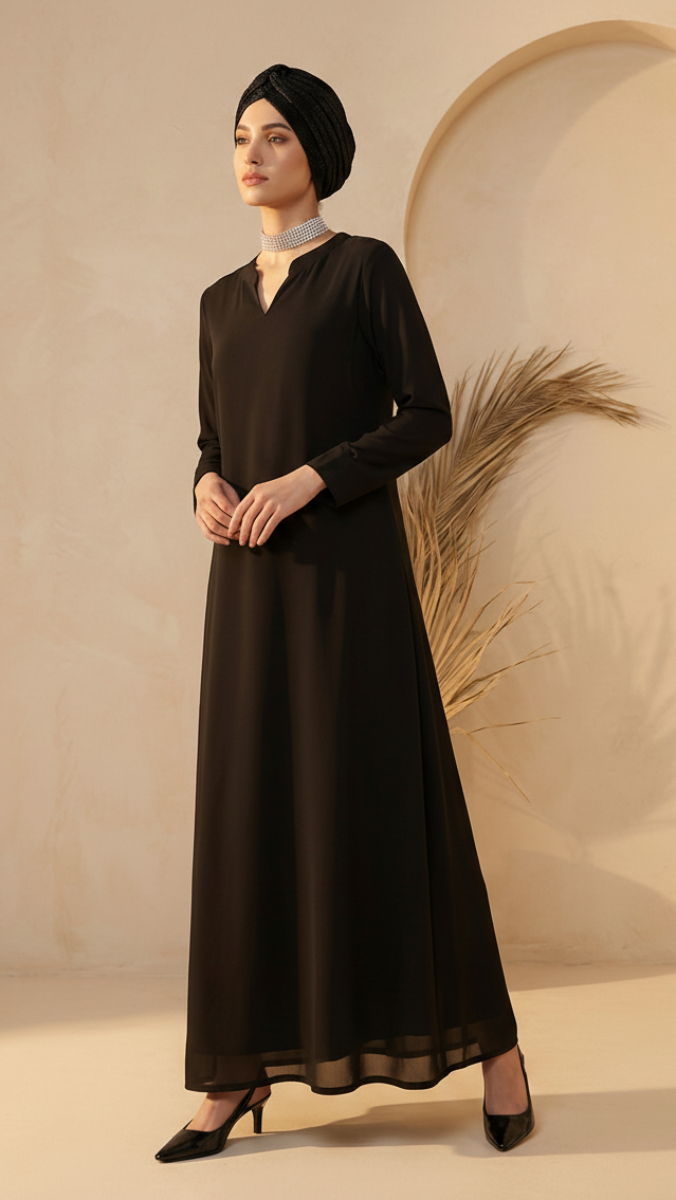 Woman wearing a black dress and headscarf standing against a beige wall with decorative elements.