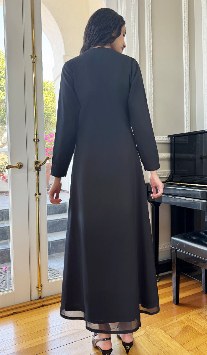Robe longue longue modeste en mousseline de soie smockée Nadia - Noir