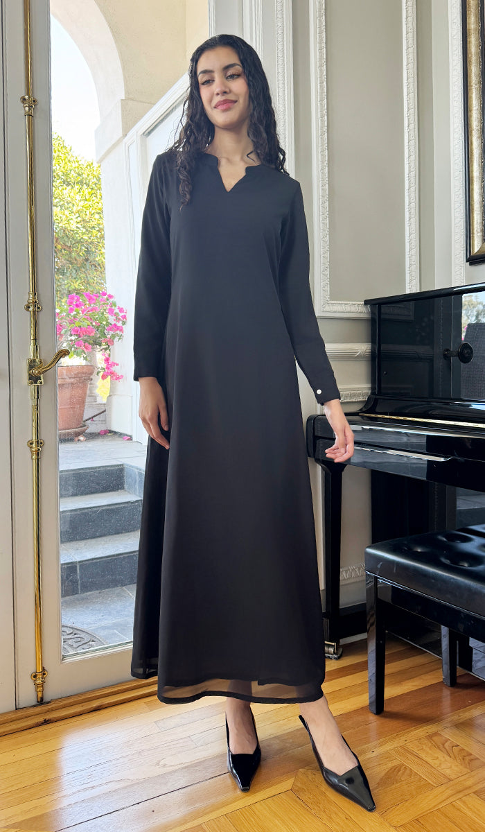 Robe longue longue modeste en mousseline de soie smockée Nadia - Noir