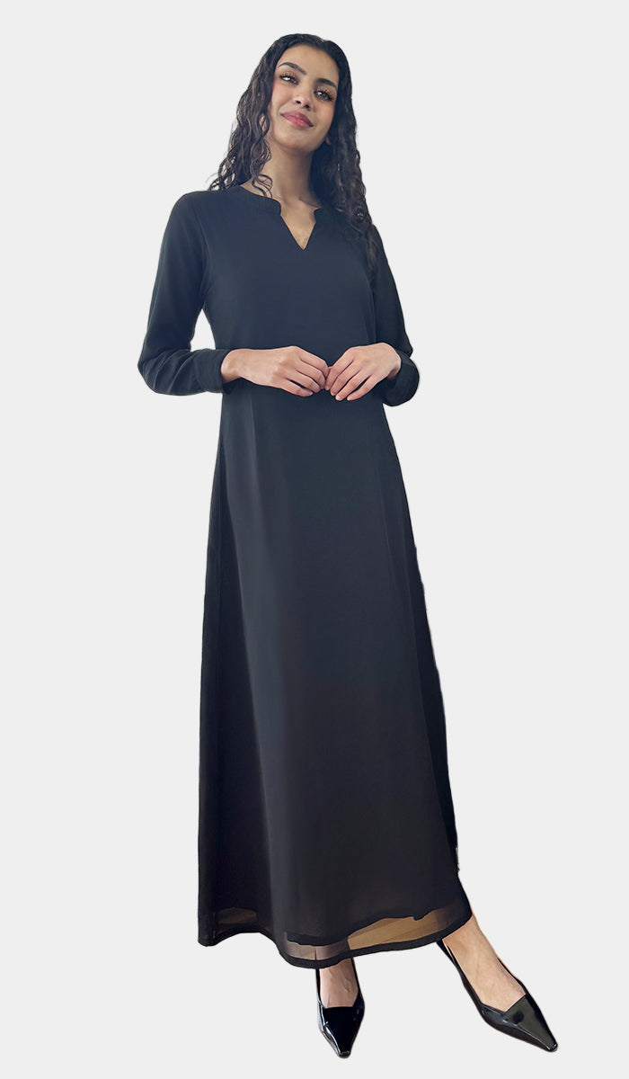 Robe longue longue modeste en mousseline de soie smockée Nadia - Noir