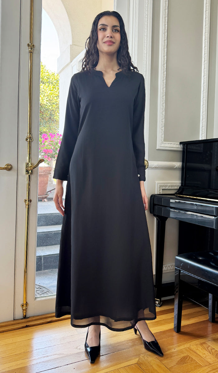 Robe longue longue modeste en mousseline de soie smockée Nadia - Noir