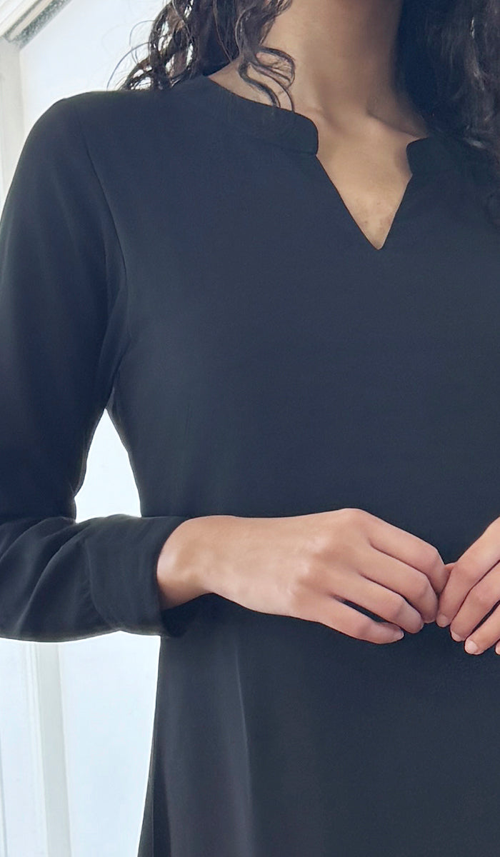 Robe longue longue modeste en mousseline de soie smockée Nadia - Noir