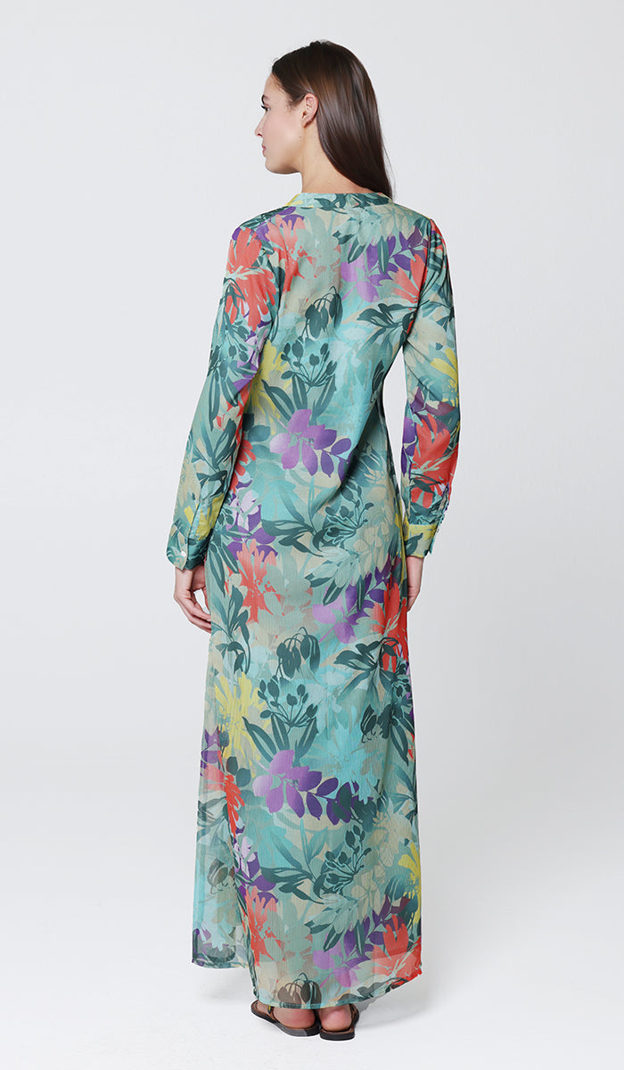 Robe longue longue modeste en mousseline de soie smockée Nadia - Noir