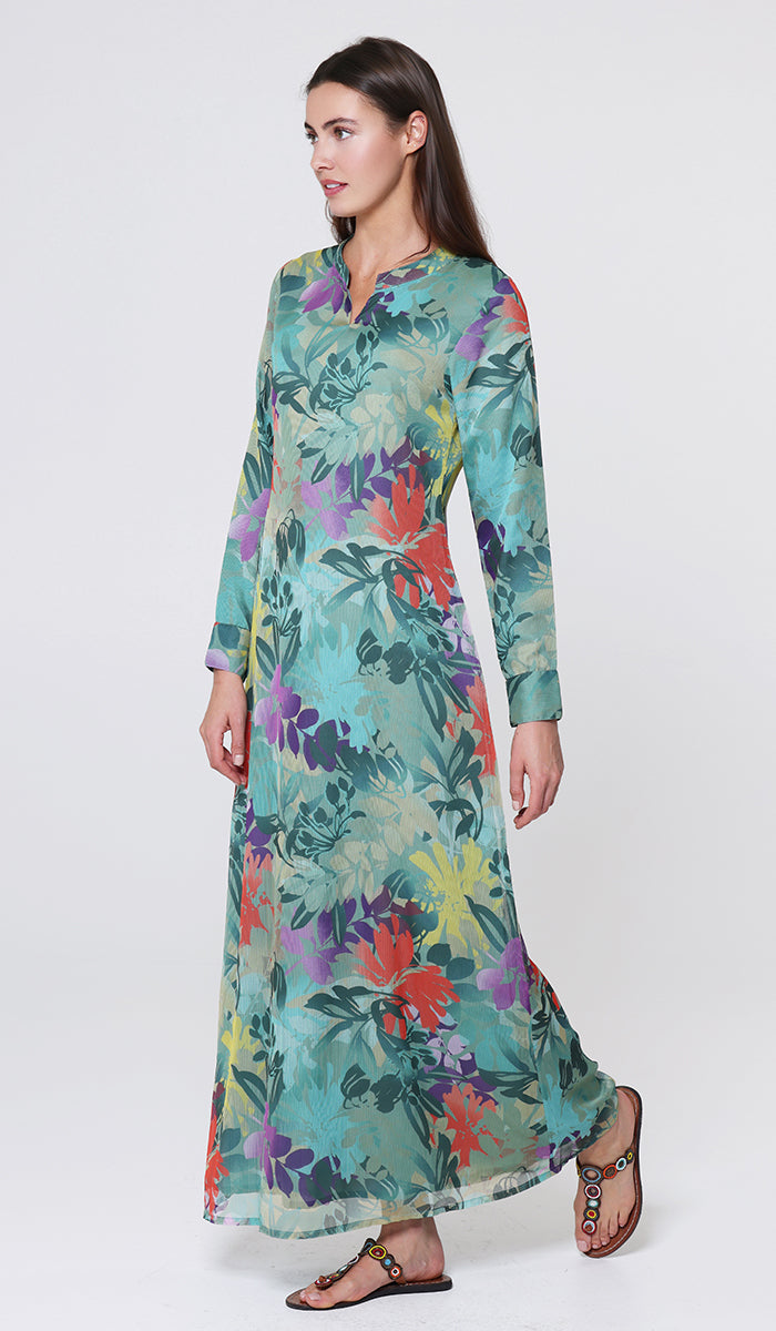 Robe longue longue modeste en mousseline de soie smockée Nadia - Noir