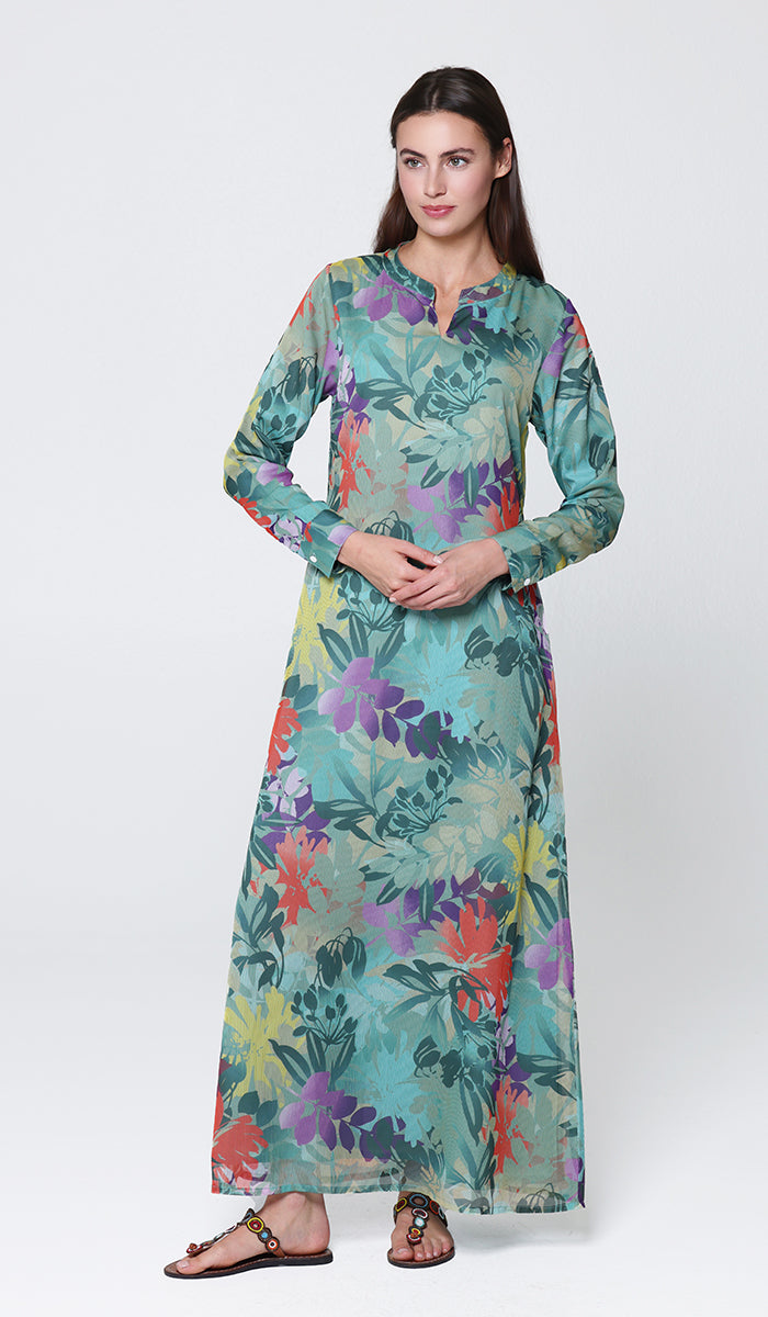 Robe longue longue modeste en mousseline de soie smockée Nadia - Noir