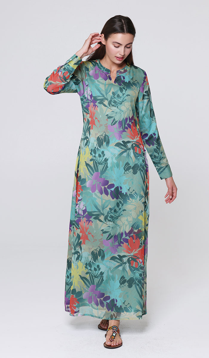 Robe longue longue modeste en mousseline de soie smockée Nadia - Noir