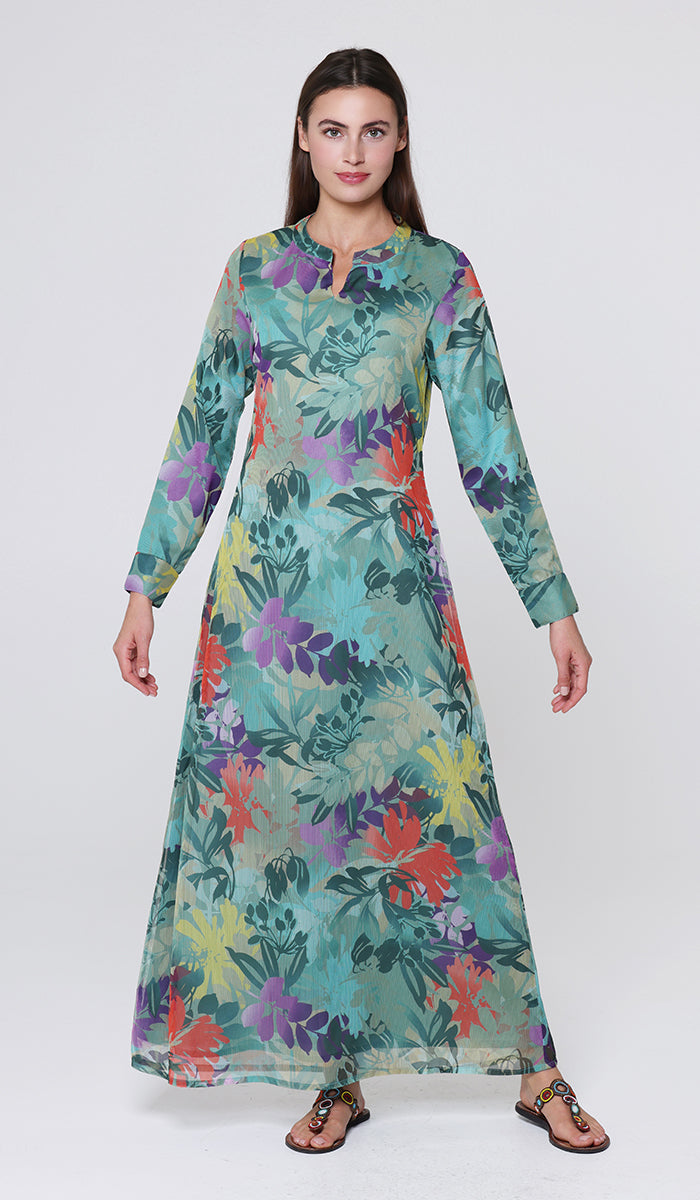 Robe longue longue modeste en mousseline de soie smockée Nadia - Noir