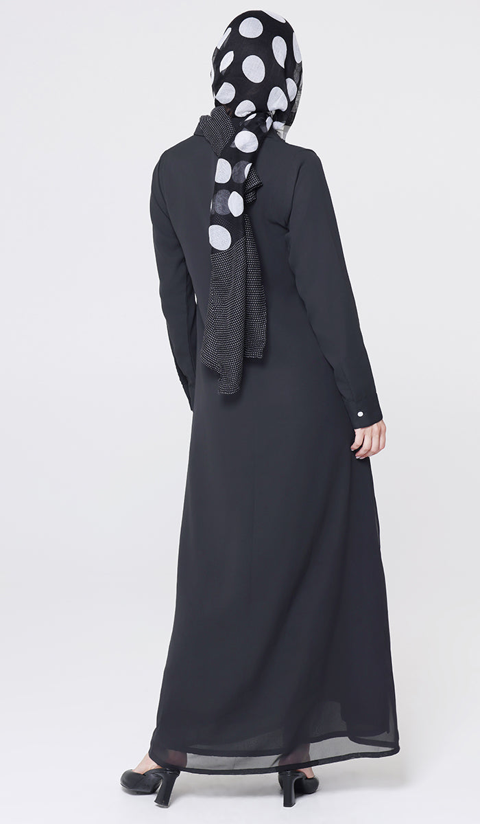 Robe longue longue modeste en mousseline de soie smockée Nadia - Noir