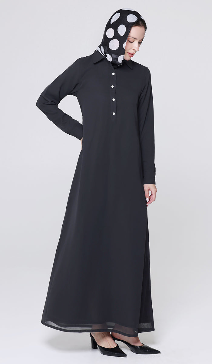 Robe longue longue modeste en mousseline de soie smockée Nadia - Noir