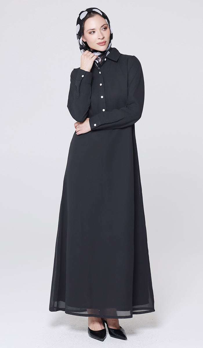 Robe longue longue modeste en mousseline de soie smockée Nadia - Noir